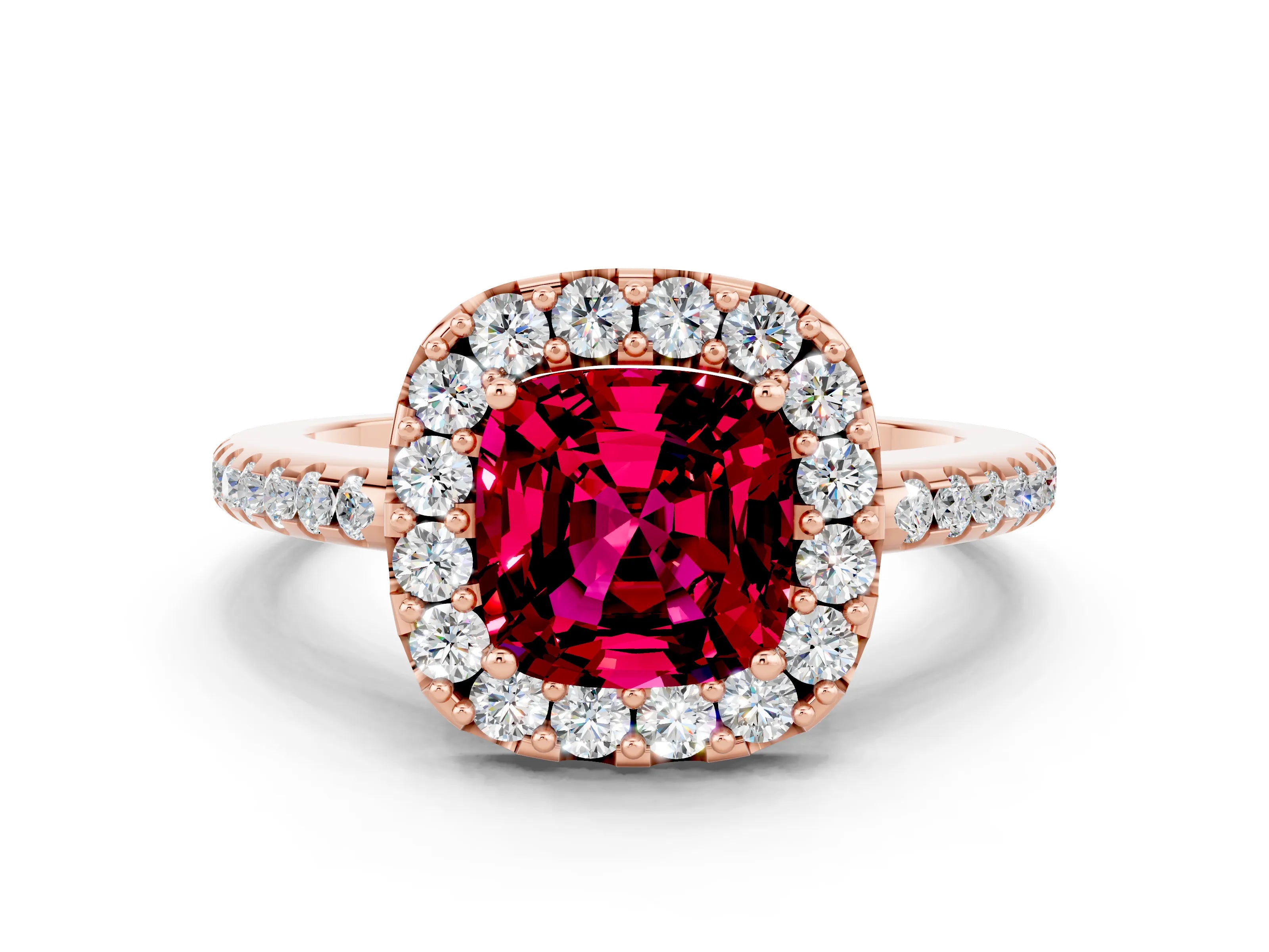 Rose gold Cushion Cut Garnet Pavé Halo Ring with Four-Prong Setting_12