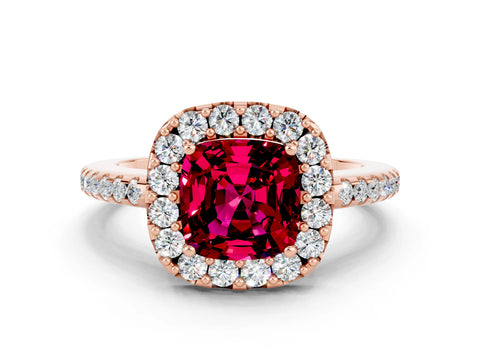 Rose gold Cushion Cut Garnet Pavé Halo Ring with Four-Prong Setting_12