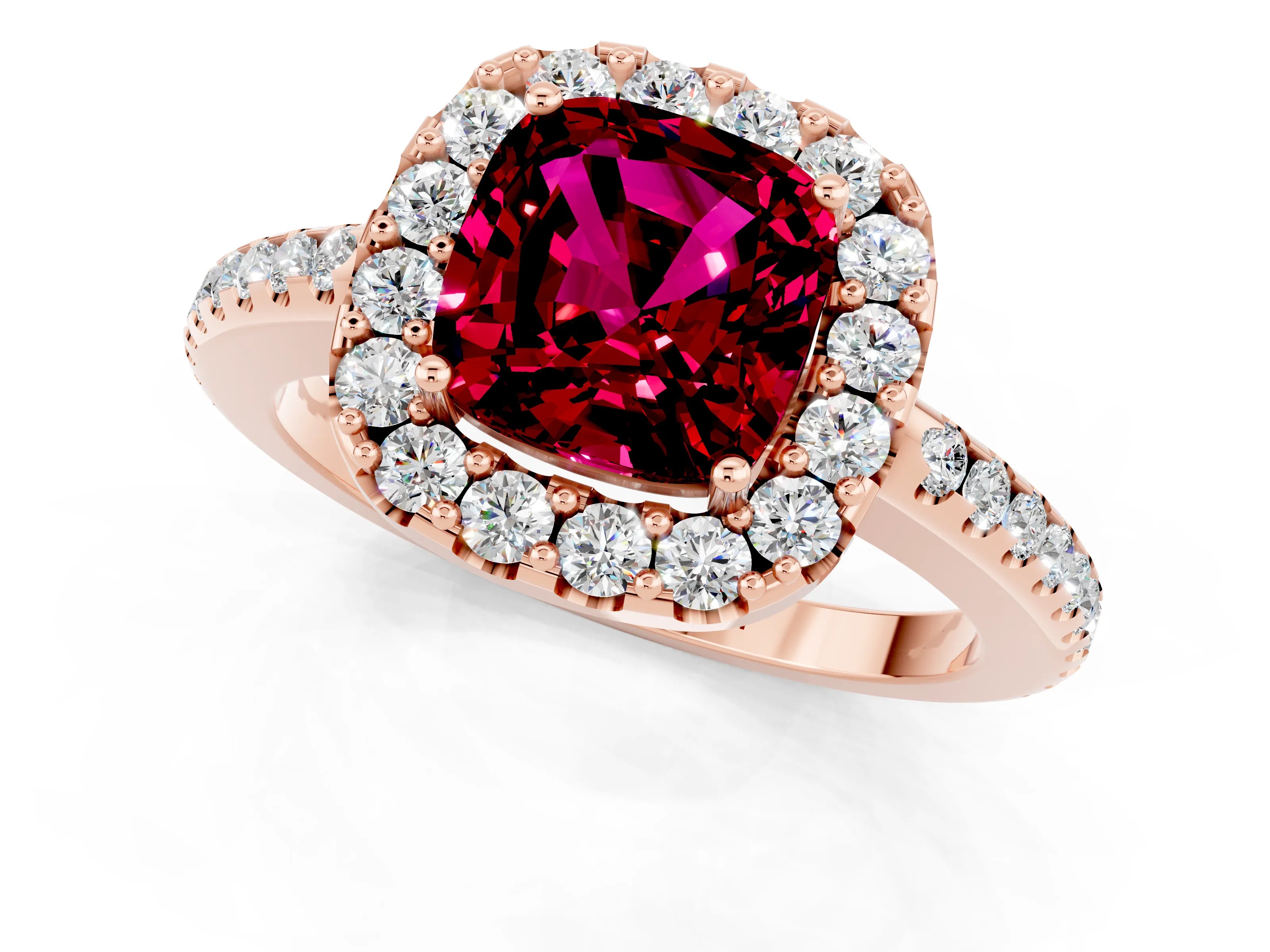 Rose gold Cushion Cut Garnet Pavé Halo Ring with Four-Prong Setting_13