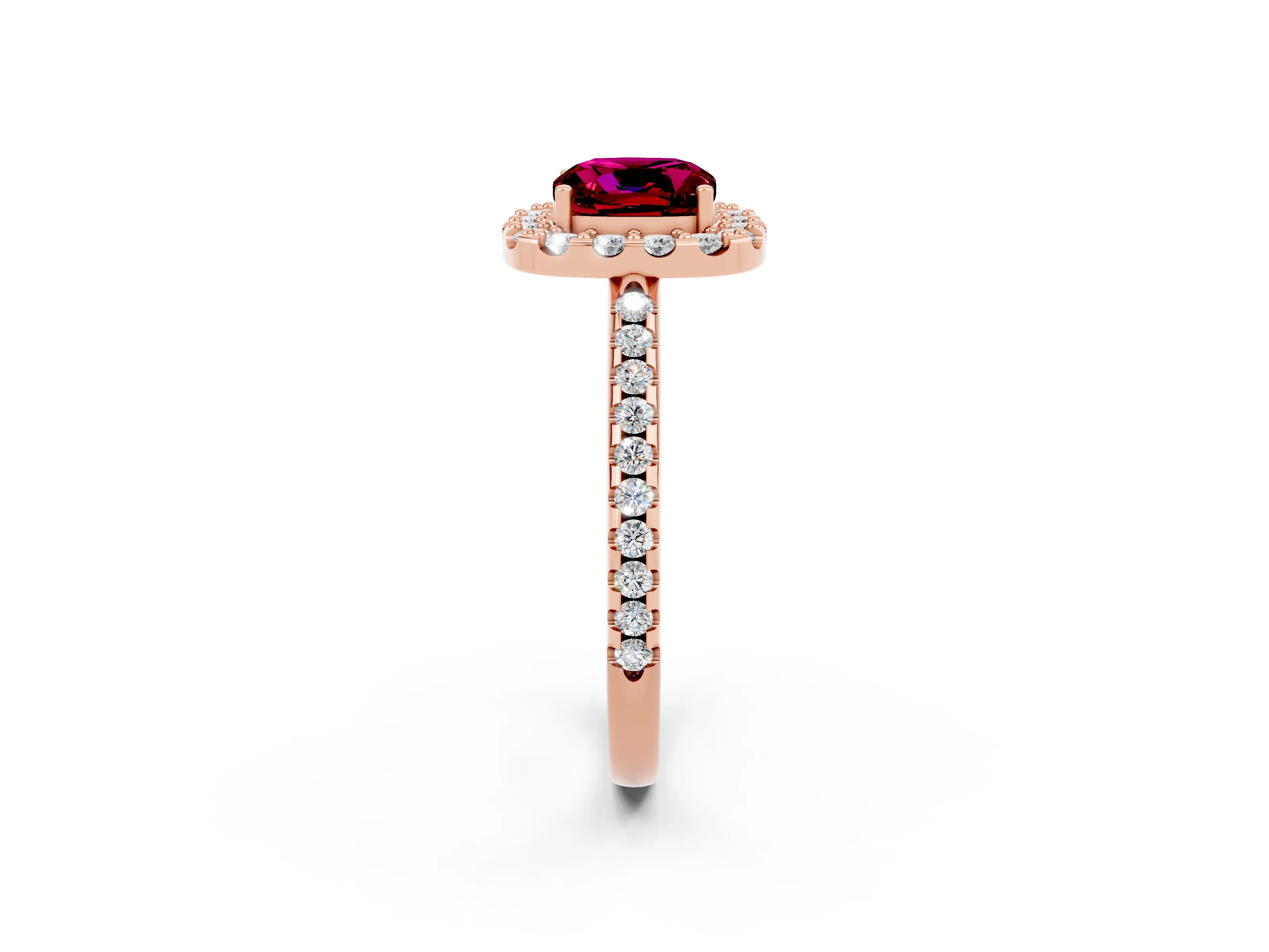 Rose gold Cushion Cut Garnet Pavé Halo Ring with Four-Prong Setting_14