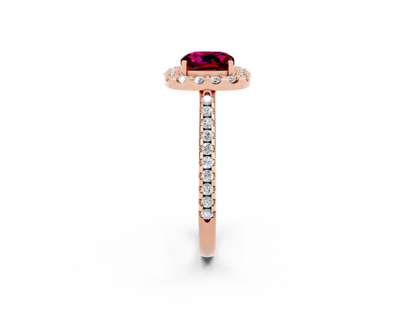 Rose gold Cushion Cut Garnet Pavé Halo Ring with Four-Prong Setting