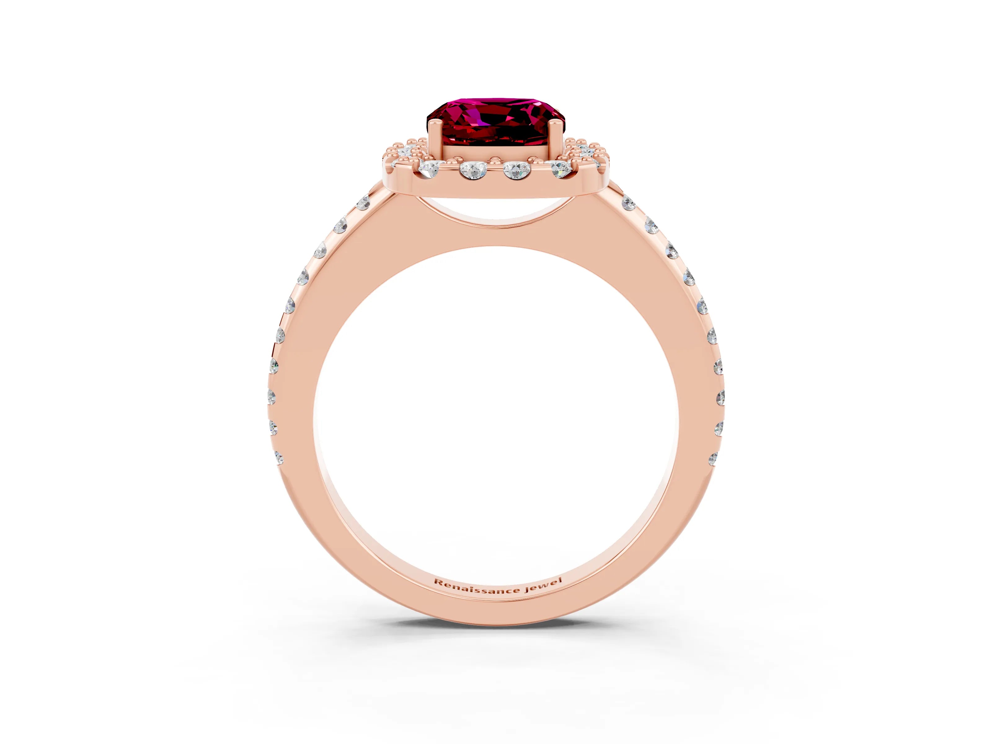 Rose gold Cushion Cut Garnet Pavé Halo Ring with Four-Prong Setting_15