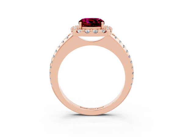 Rose gold Cushion Cut Garnet Pavé Halo Ring with Four-Prong Setting