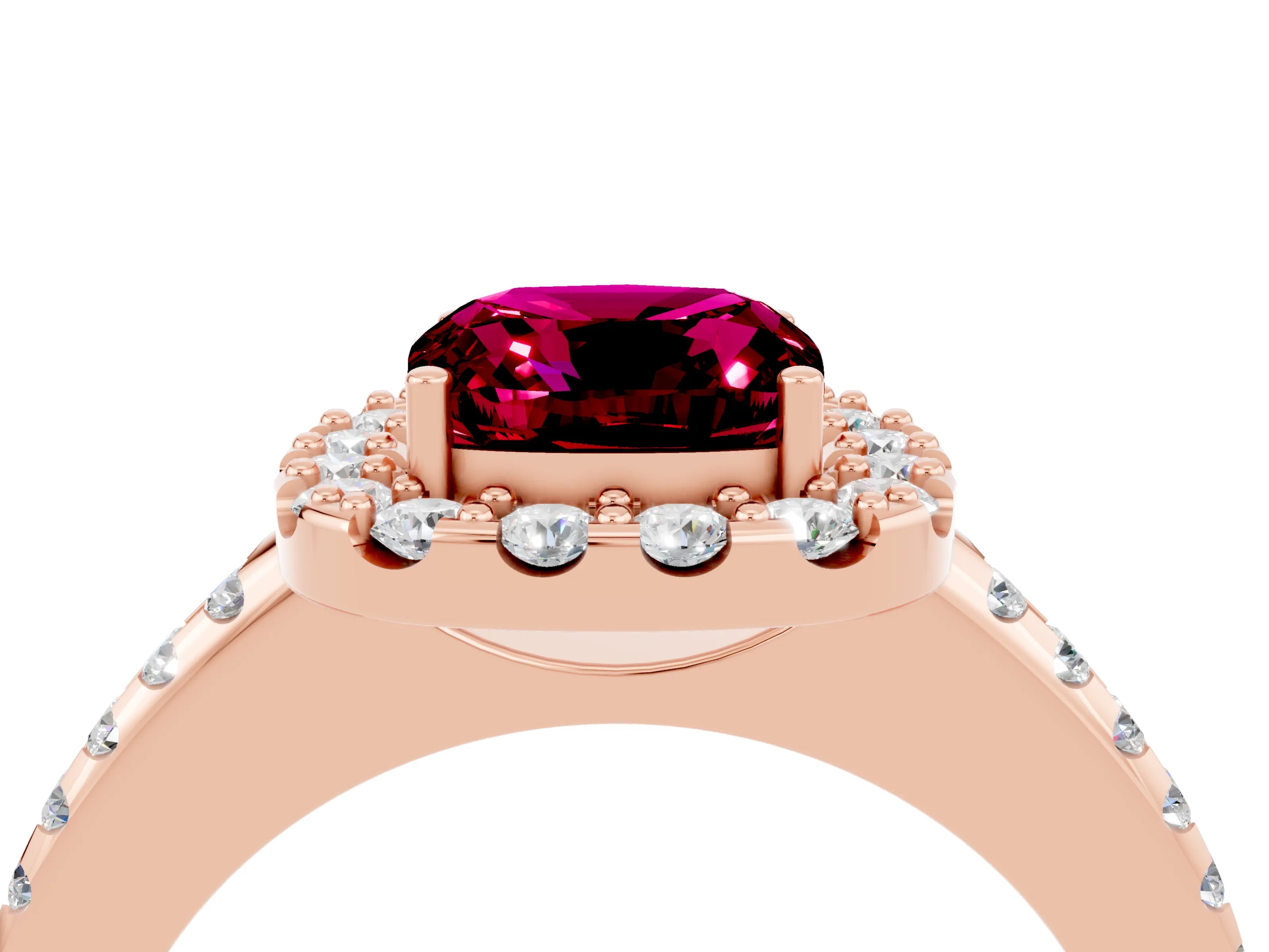 Rose gold Cushion Cut Garnet Pavé Halo Ring with Four-Prong Setting_16