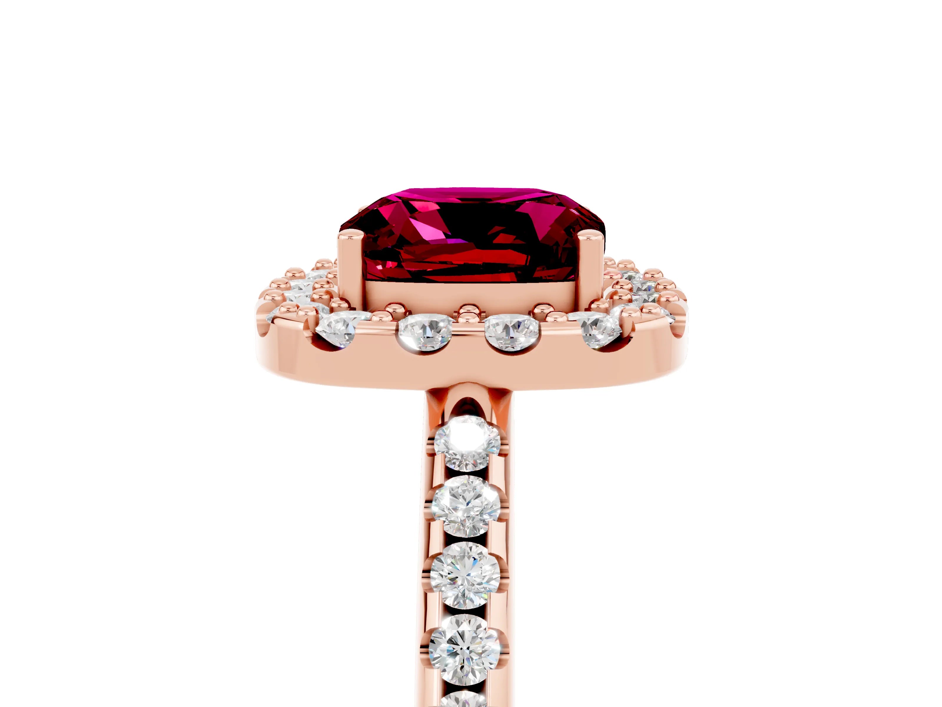 Rose gold Cushion Cut Garnet Pavé Halo Ring with Four-Prong Setting_17