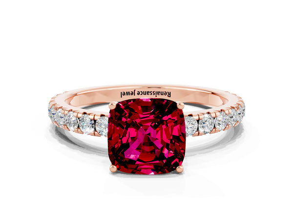 Rose gold Cushion Cut Garnet Pavé Solitaire Engagement Ring with Four-Prong Setting