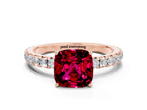 Rose gold Cushion Cut Garnet Pavé Solitaire Engagement Ring with Four-Prong Setting_12