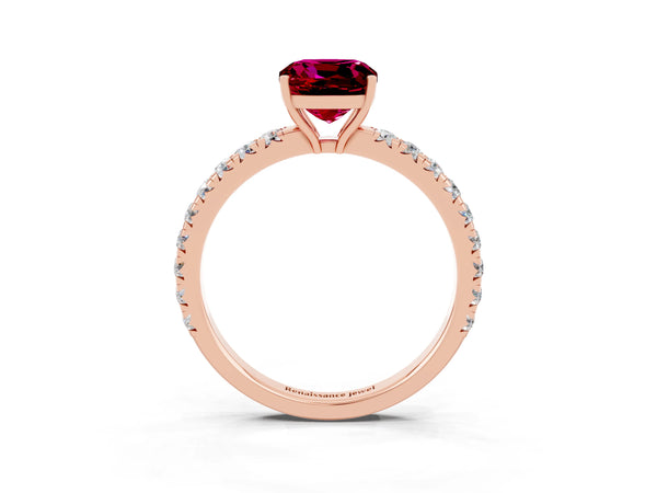 Rose gold Cushion Cut Garnet Pavé Solitaire Engagement Ring with Four-Prong Setting