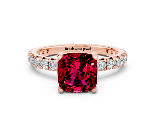 Rose gold Cushion Cut Garnet Pavé Solitaire Ring with Round Band and Prong Setting