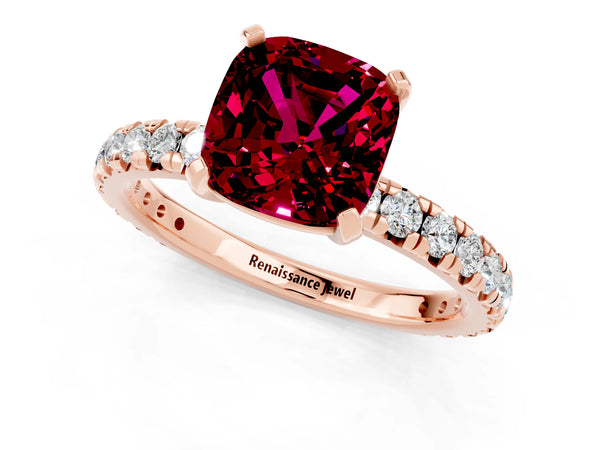 Rose gold Cushion Cut Garnet Pavé Solitaire Ring with Round Band and Prong Setting