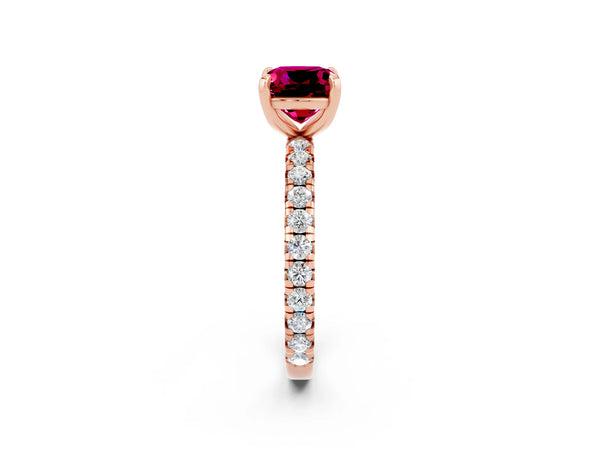 Rose gold Cushion Cut Garnet Pavé Solitaire Ring with Round Band and Prong Setting