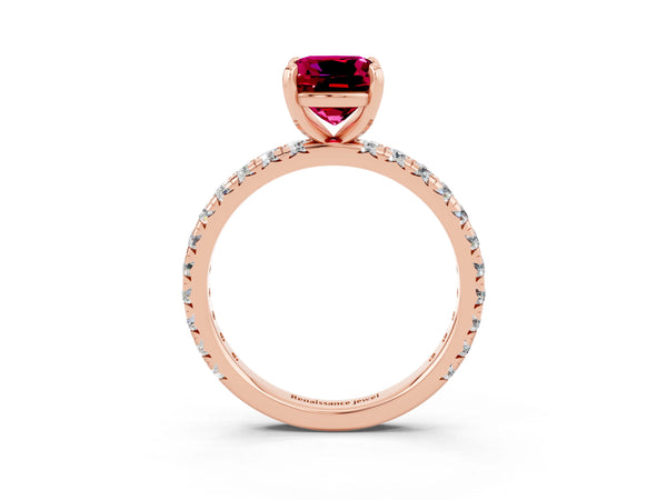 Rose gold Cushion Cut Garnet Pavé Solitaire Ring with Round Band and Prong Setting