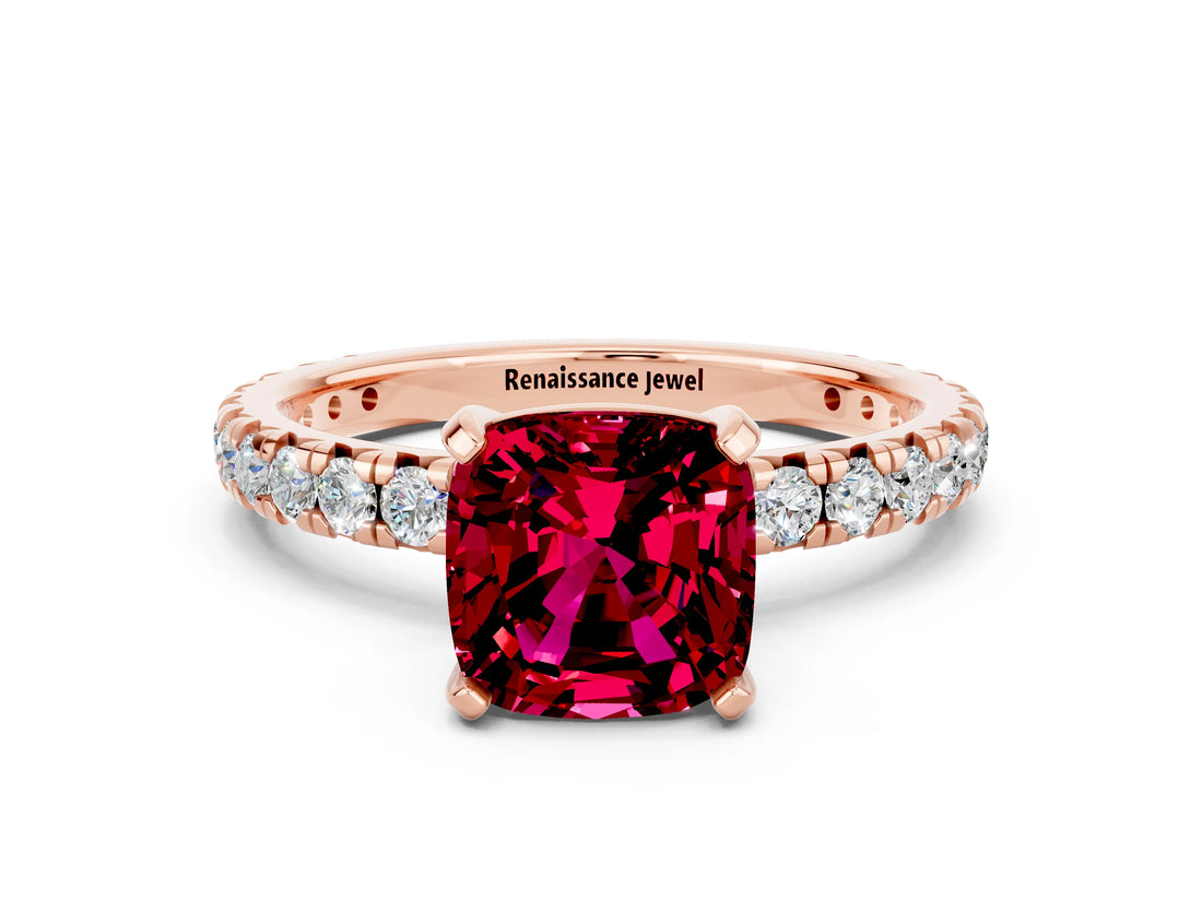 Rose gold Cushion Cut Garnet Pavé Solitaire Ring with Round Band and Prong Setting_24