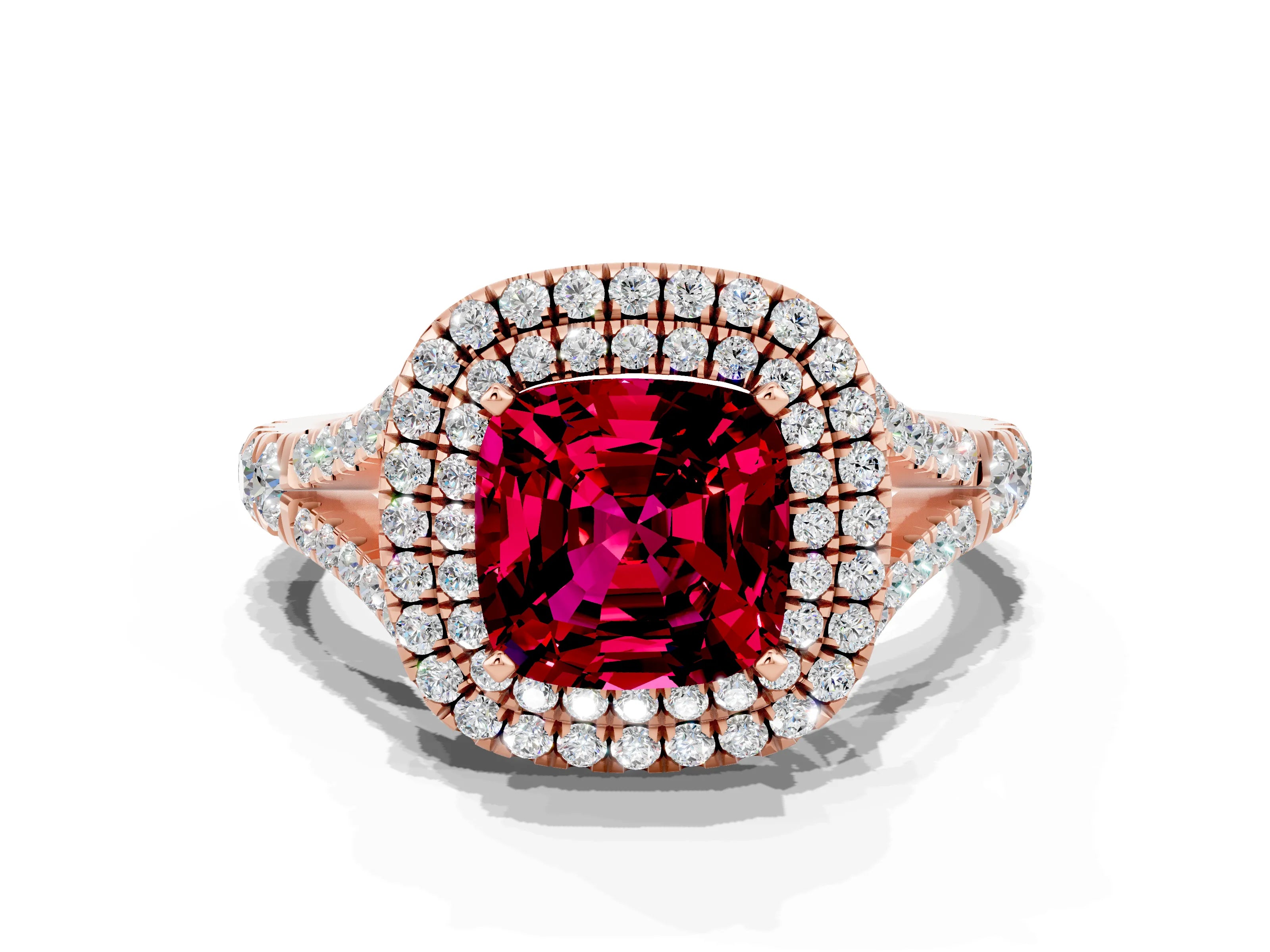 Rose gold Cushion Cut Garnet Pavé Split Shank Double Halo Engagement Ring