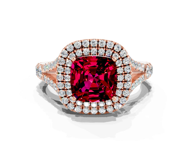 Rose gold Cushion Cut Garnet Pavé Split Shank Double Halo Engagement Ring