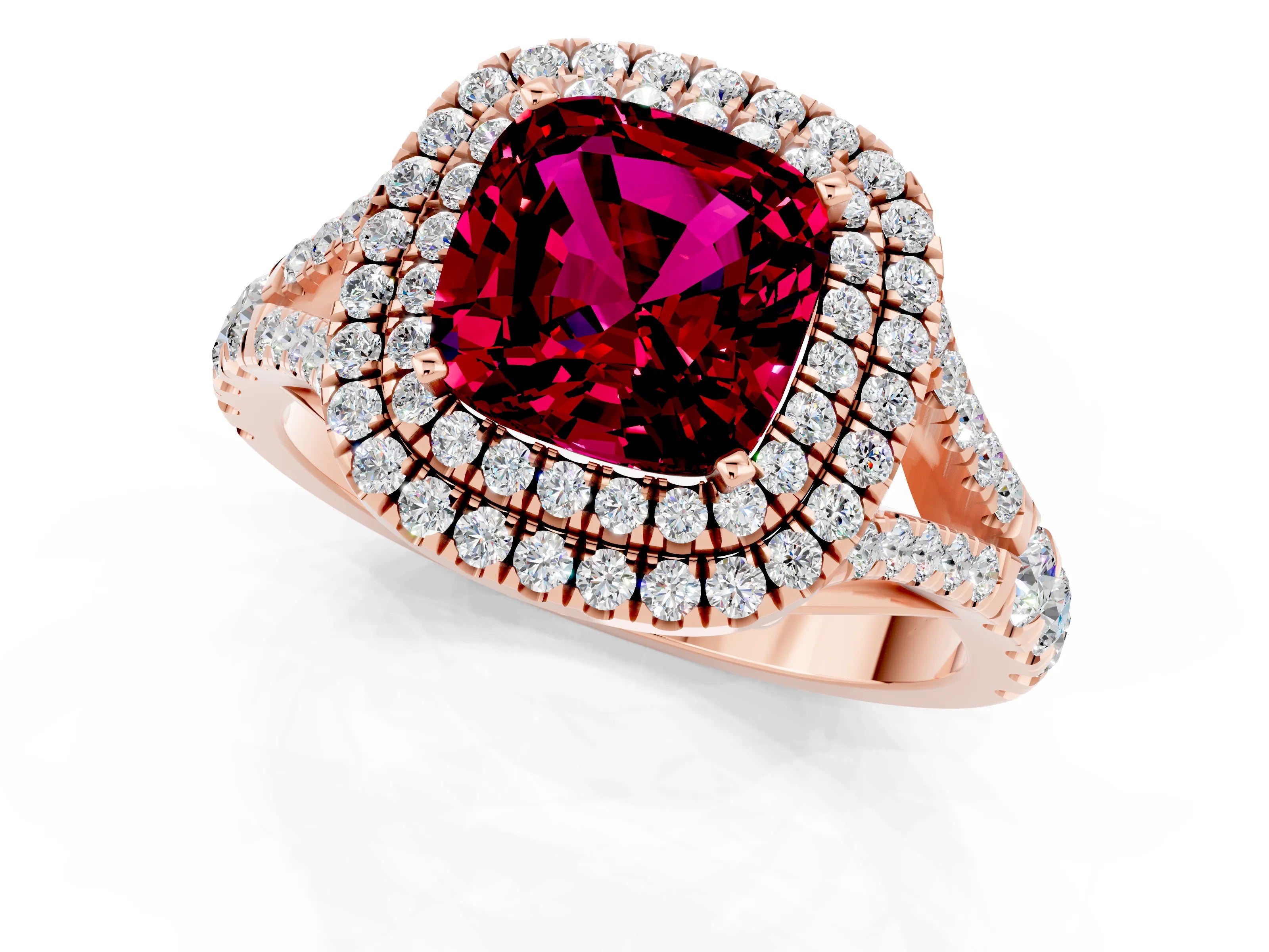 Rose gold Cushion Cut Garnet Pavé Split Shank Double Halo Engagement Ring_1