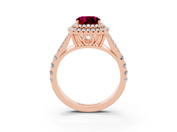 Rose gold Cushion Cut Garnet Pavé Split Shank Double Halo Engagement Ring