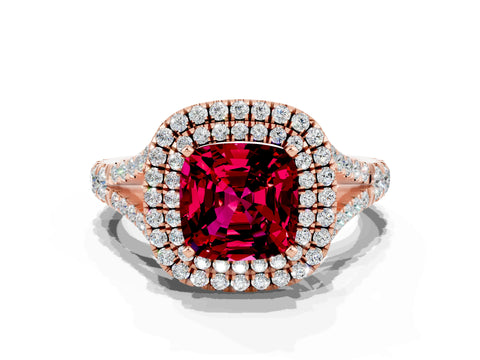Rose gold Cushion Cut Garnet Pavé Split Shank Double Halo Engagement Ring