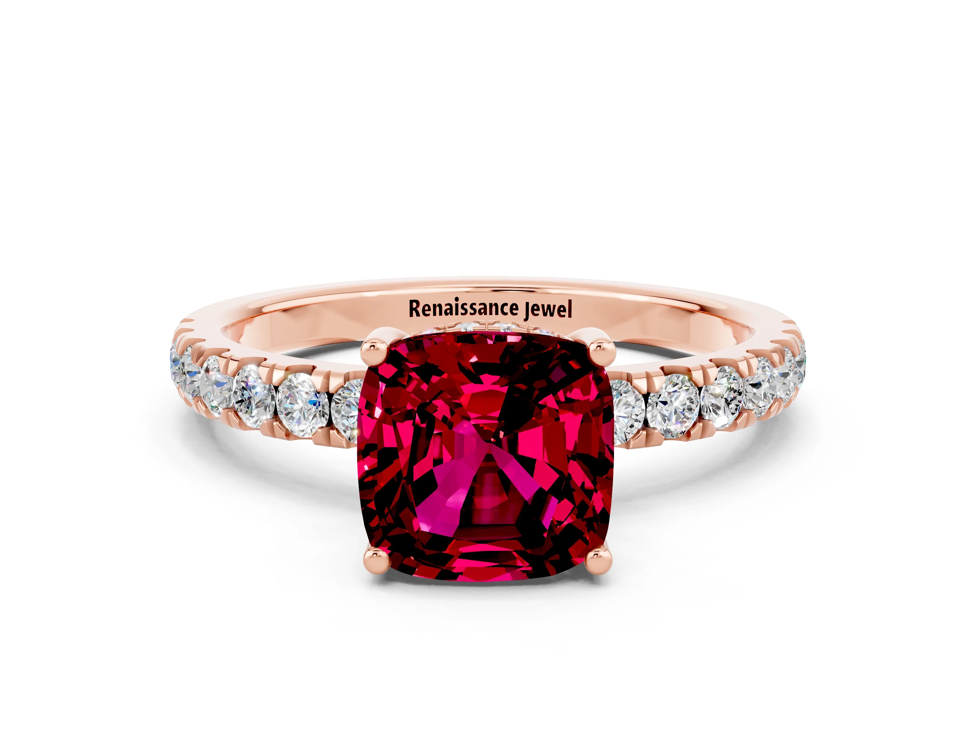Rose gold Cushion Cut Garnet Pave Band Solitaire Ring with Four-Prong Setting_24