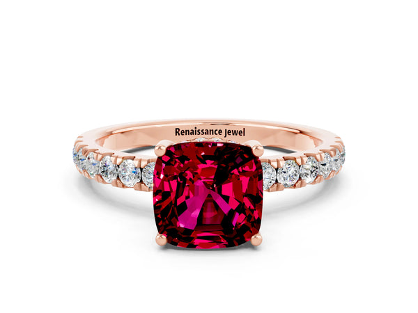 Rose gold Cushion Cut Garnet Pave Band Solitaire Ring with Round  and Prong Setting