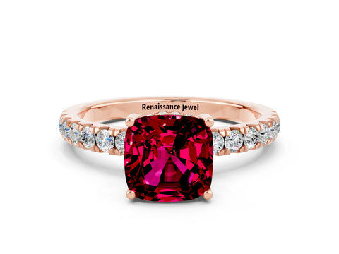 Rose gold Cushion Cut Garnet Pave Band Solitaire Ring with Four-Prong Setting_24