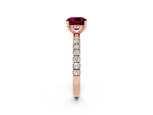 Rose gold Cushion Cut Garnet Pave Band Solitaire Ring with Round  and Prong Setting