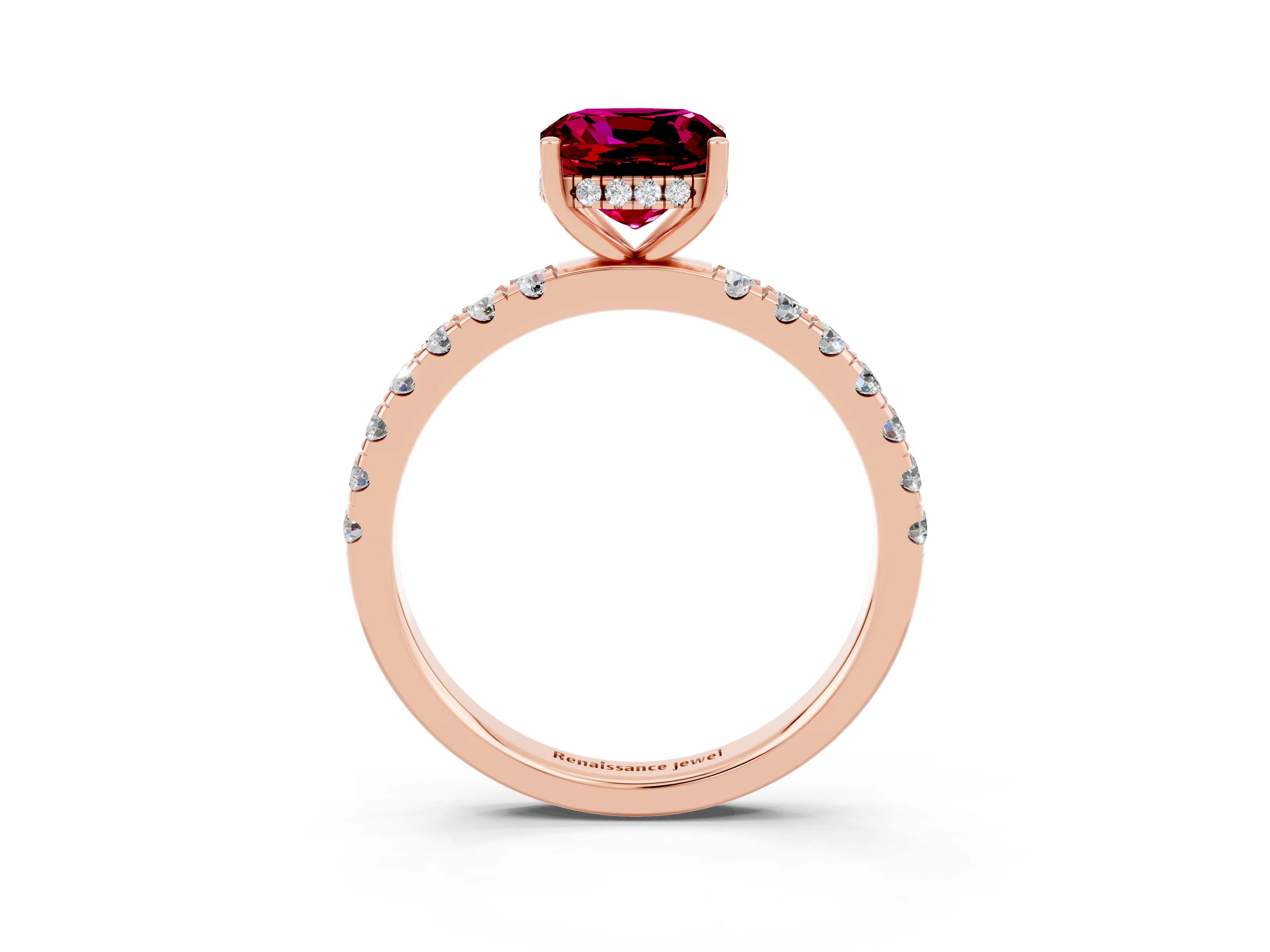 Rose gold Cushion Cut Garnet Pave Band Solitaire Ring with Four-Prong Setting_27