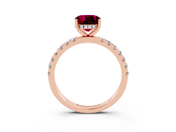 Rose gold Cushion Cut Garnet Pave Band Solitaire Ring with Round  and Prong Setting