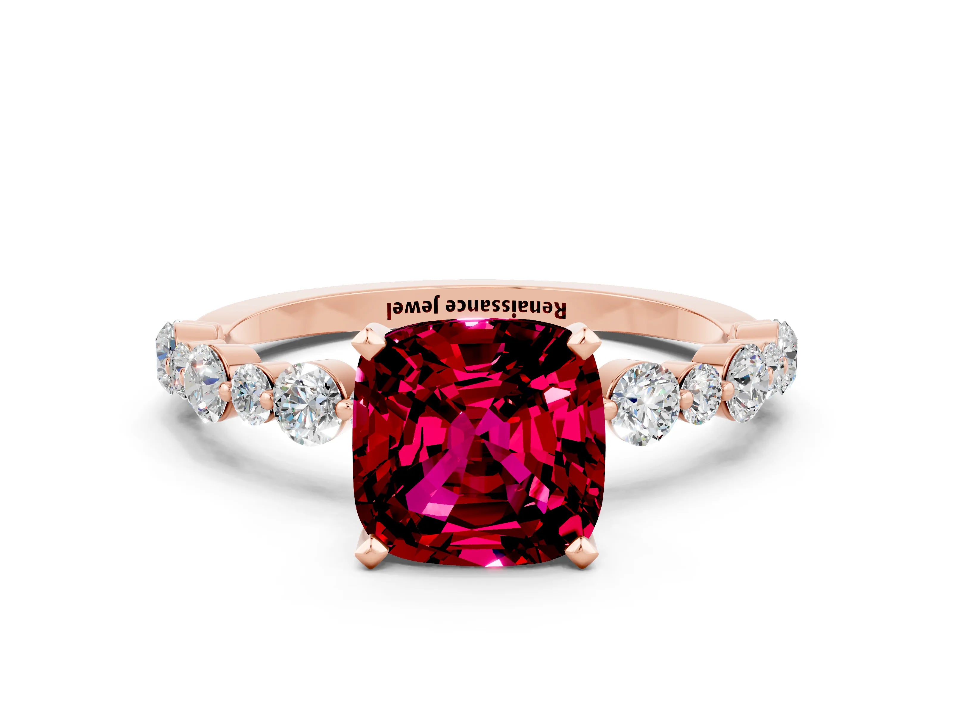 Rose gold Cushion Cut Garnet Prong Set Engagement Ring with Pavé Band