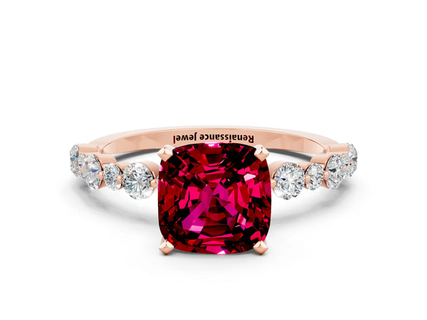 Rose gold Cushion Cut Garnet Prong Set Engagement Ring with Pavé Band