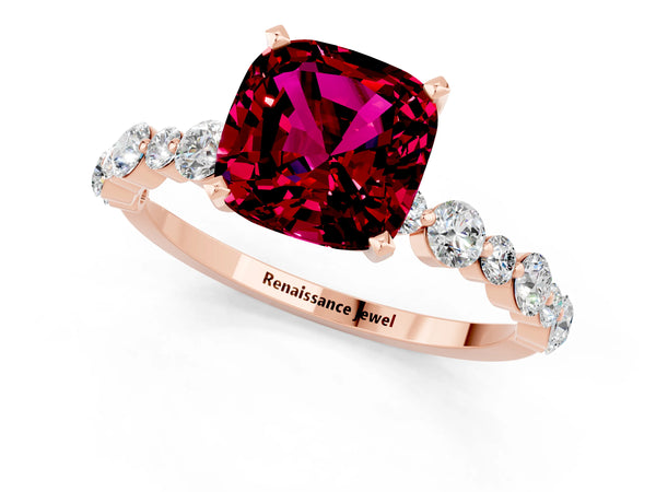 Rose gold Cushion Cut Garnet Prong Set Engagement Ring with Pavé Band