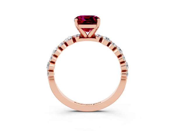 Rose gold Cushion Cut Garnet Prong Set Engagement Ring with Pavé Band