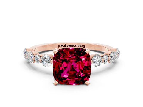 Rose gold Cushion Cut Garnet Prong Set Engagement Ring with Pavé Band