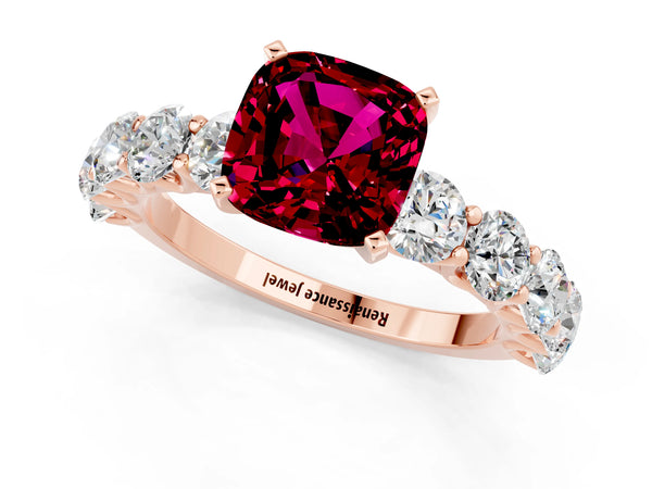 Rose gold Cushion Cut Garnet Prong Setting with Side Stones on a Pave Band