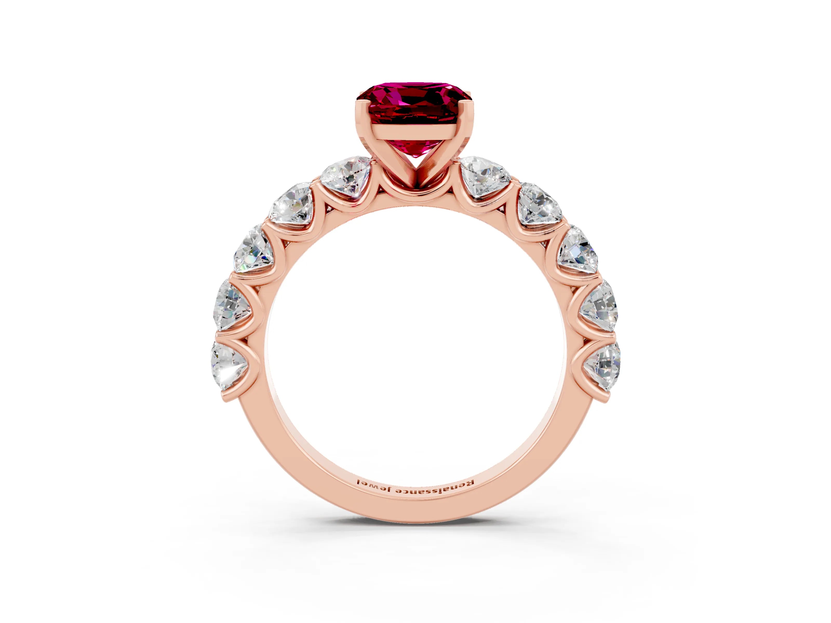 Rose gold Cushion Cut Garnet Prong Setting with Side Stones on a Pave Band_3