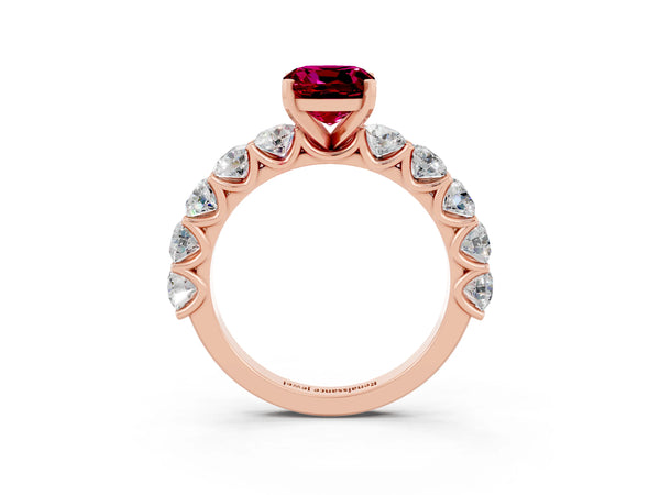 Rose gold Cushion Cut Garnet Prong Setting with Side Stones on a Pave Band