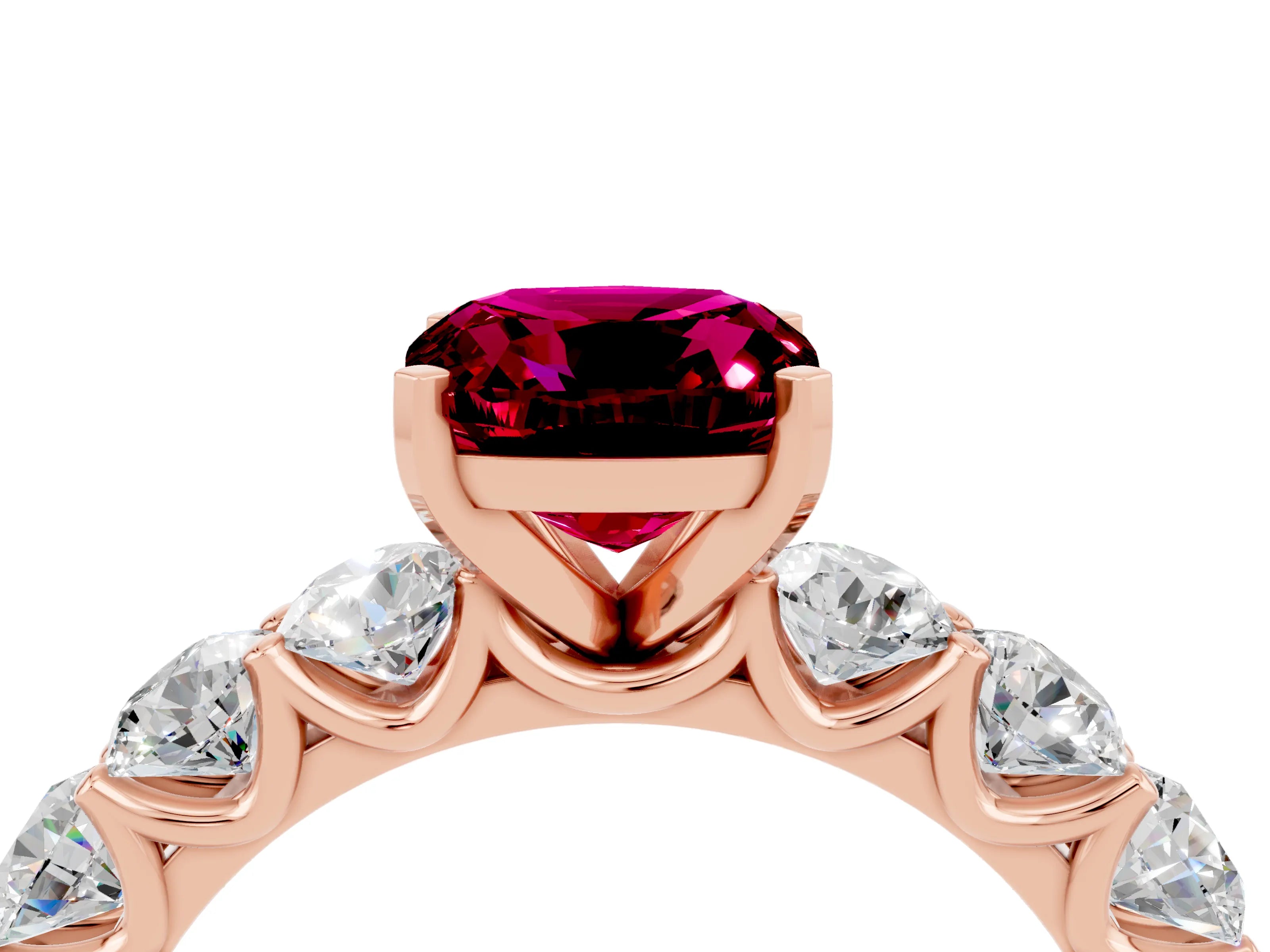 Rose gold Cushion Cut Garnet Prong Setting with Side Stones on a Pave Band_4