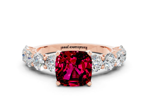 Rose gold Cushion Cut Garnet Prong Setting with Side Stones on a Pave Band