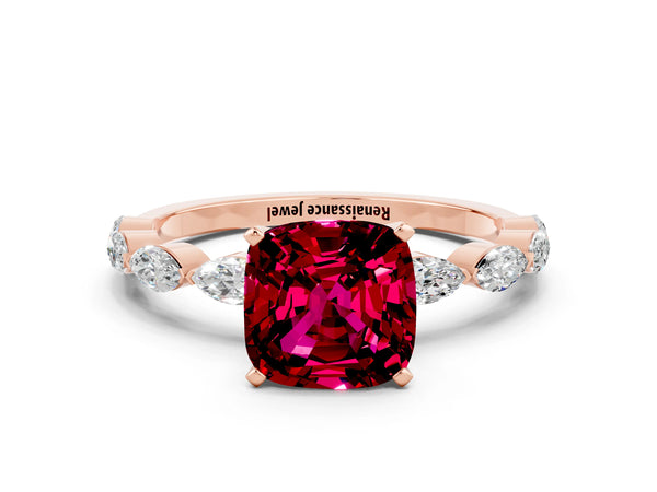 Rose gold Cushion Cut Garnet Ring with Marquise Side Stones and Prong Setting