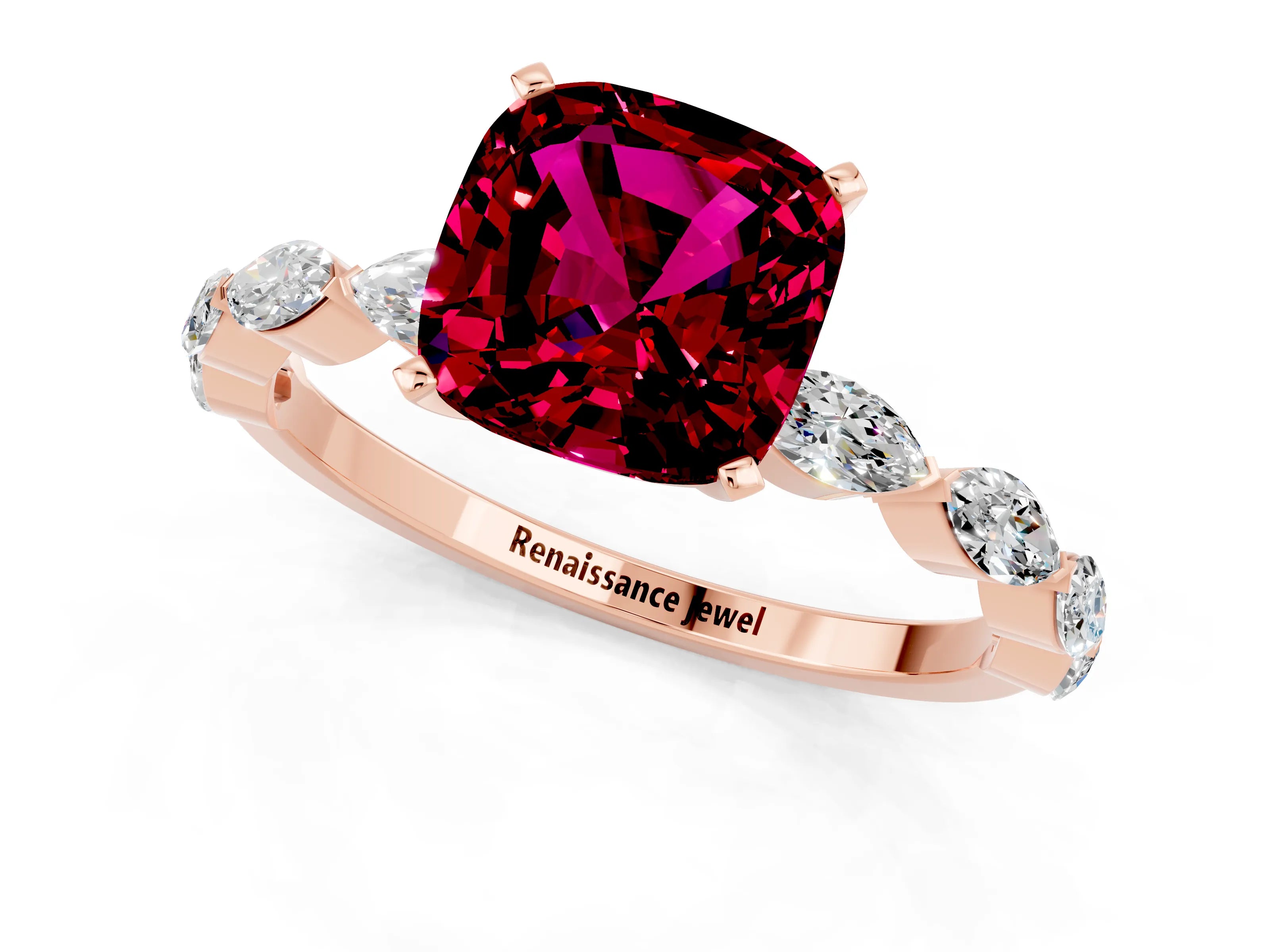 Rose gold Cushion Cut Garnet Ring with Marquise Side Stones and Prong Setting_1