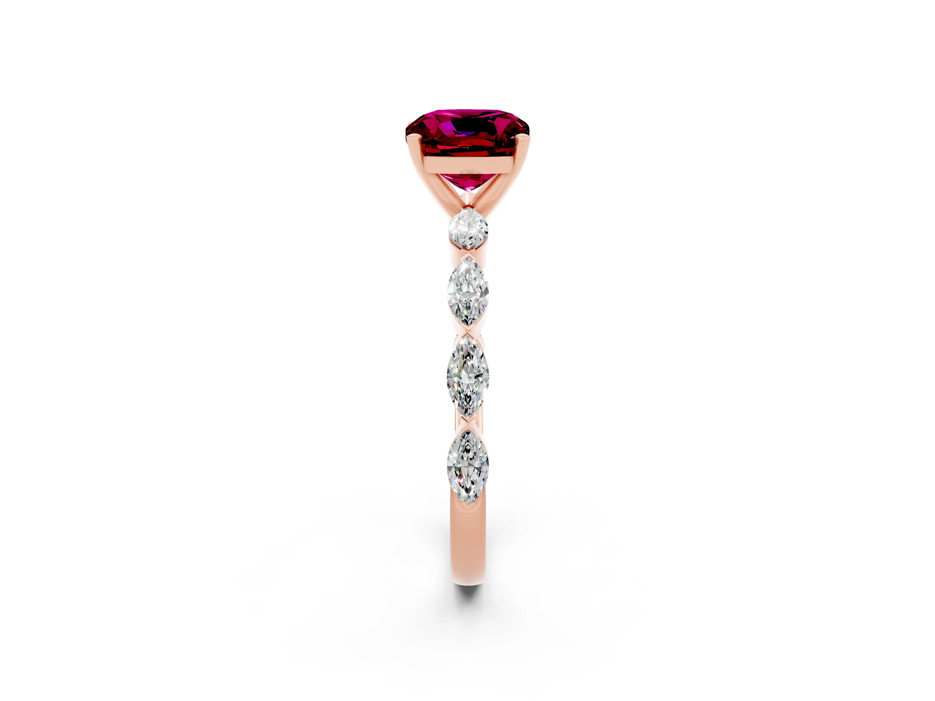 Rose gold Cushion Cut Garnet Ring with Marquise Side Stones and Prong Setting_2