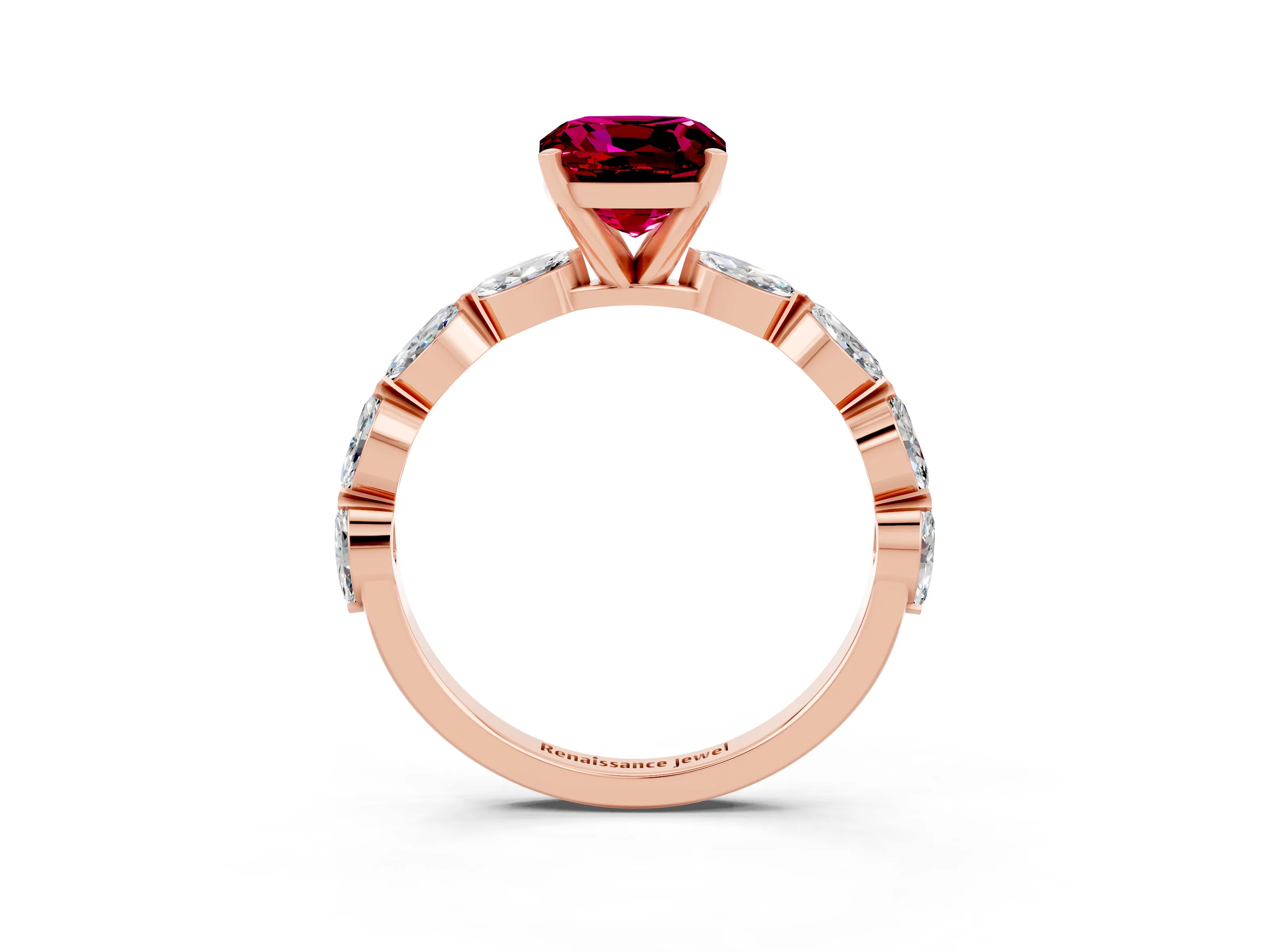 Rose gold Cushion Cut Garnet Ring with Marquise Side Stones and Prong Setting_3