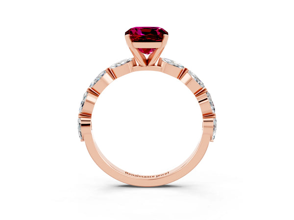 Rose gold Cushion Cut Garnet Ring with Marquise Side Stones and Prong Setting