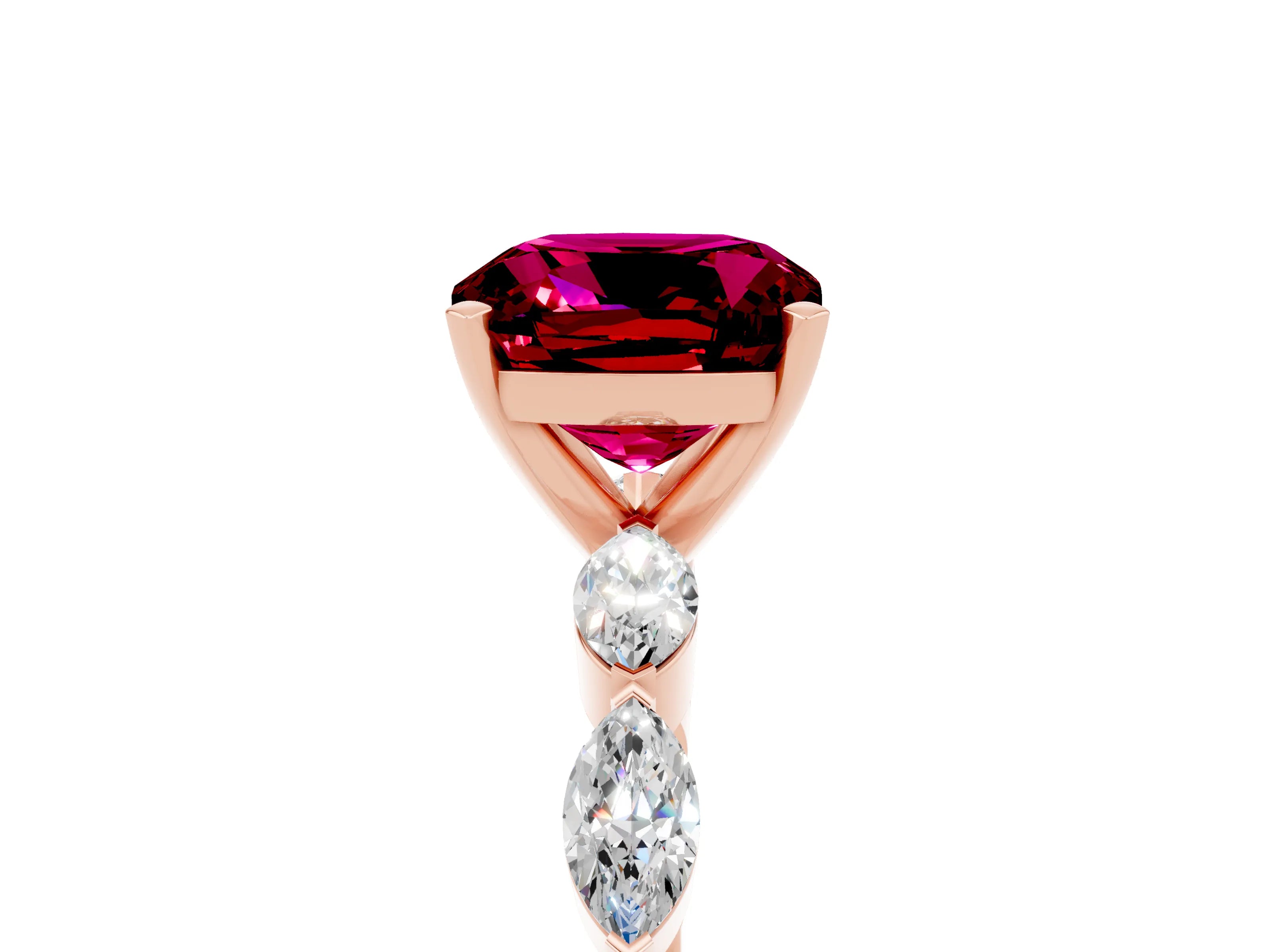 Rose gold Cushion Cut Garnet Ring with Marquise Side Stones and Prong Setting_5