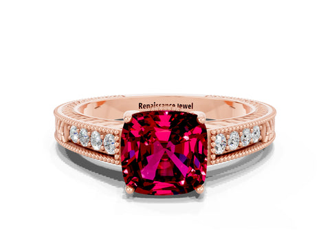 Rose gold Cushion Cut Garnet Ring with Milgrain Pavé Band and Four-Prong Setting_12
