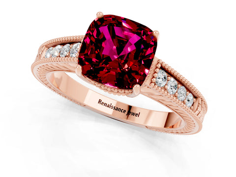 Rose gold Cushion Cut Garnet Ring with Milgrain Pavé Band and Four-Prong Setting_13