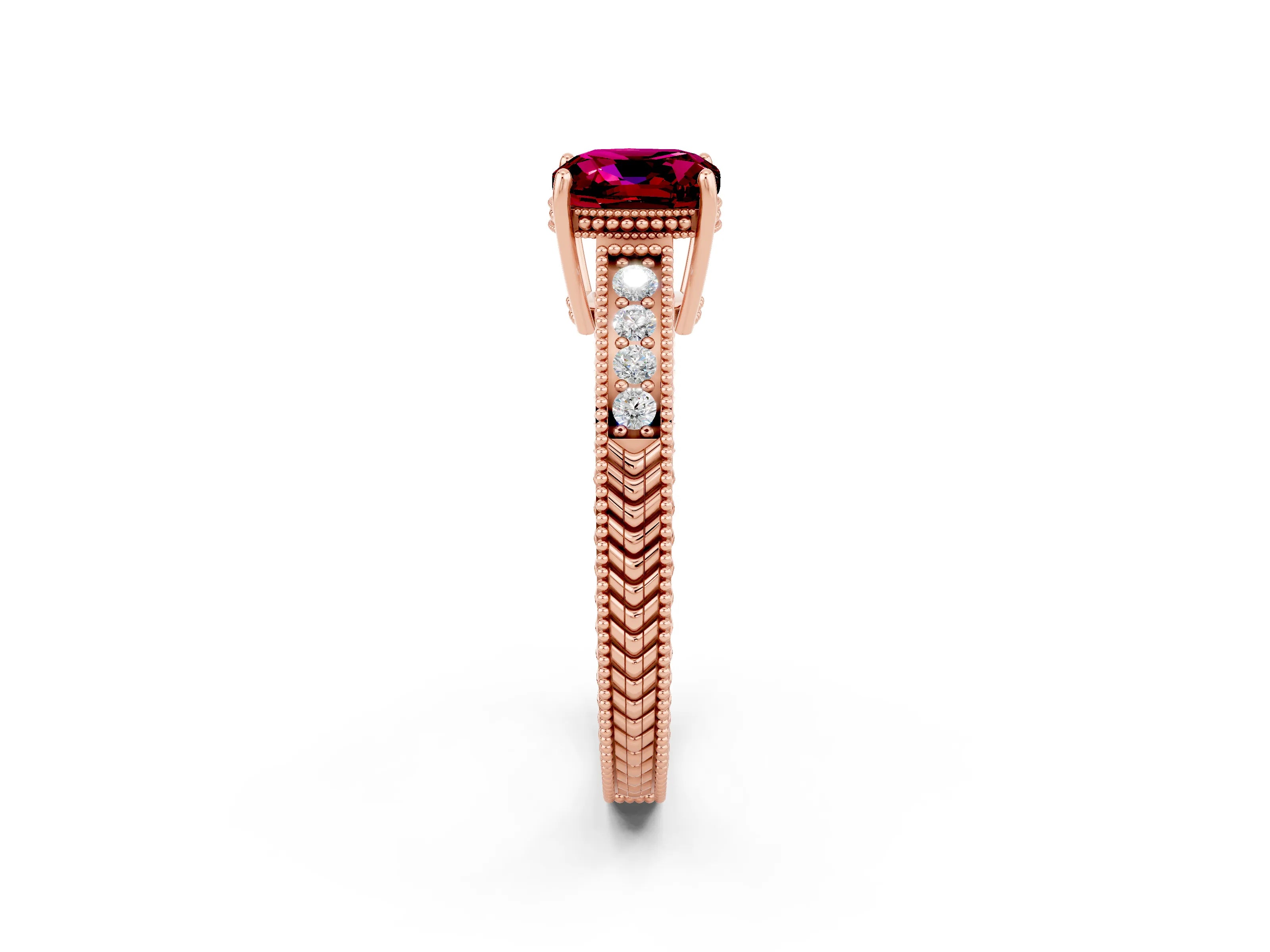 Rose gold Cushion Cut Garnet Ring with Milgrain Pavé Band and Four-Prong Setting_14