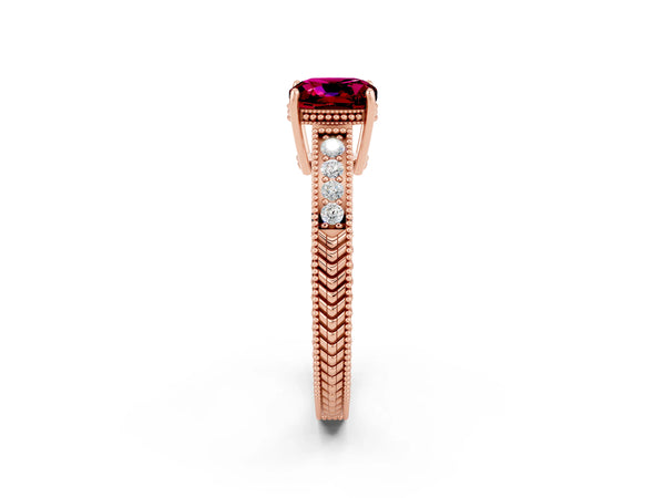 Rose gold Cushion Cut Garnet Ring with Milgrain Pavé Band and Four-Prong Setting
