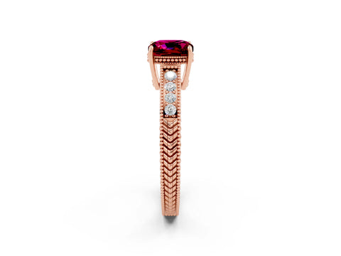 Rose gold Cushion Cut Garnet Ring with Milgrain Pavé Band and Four-Prong Setting_14