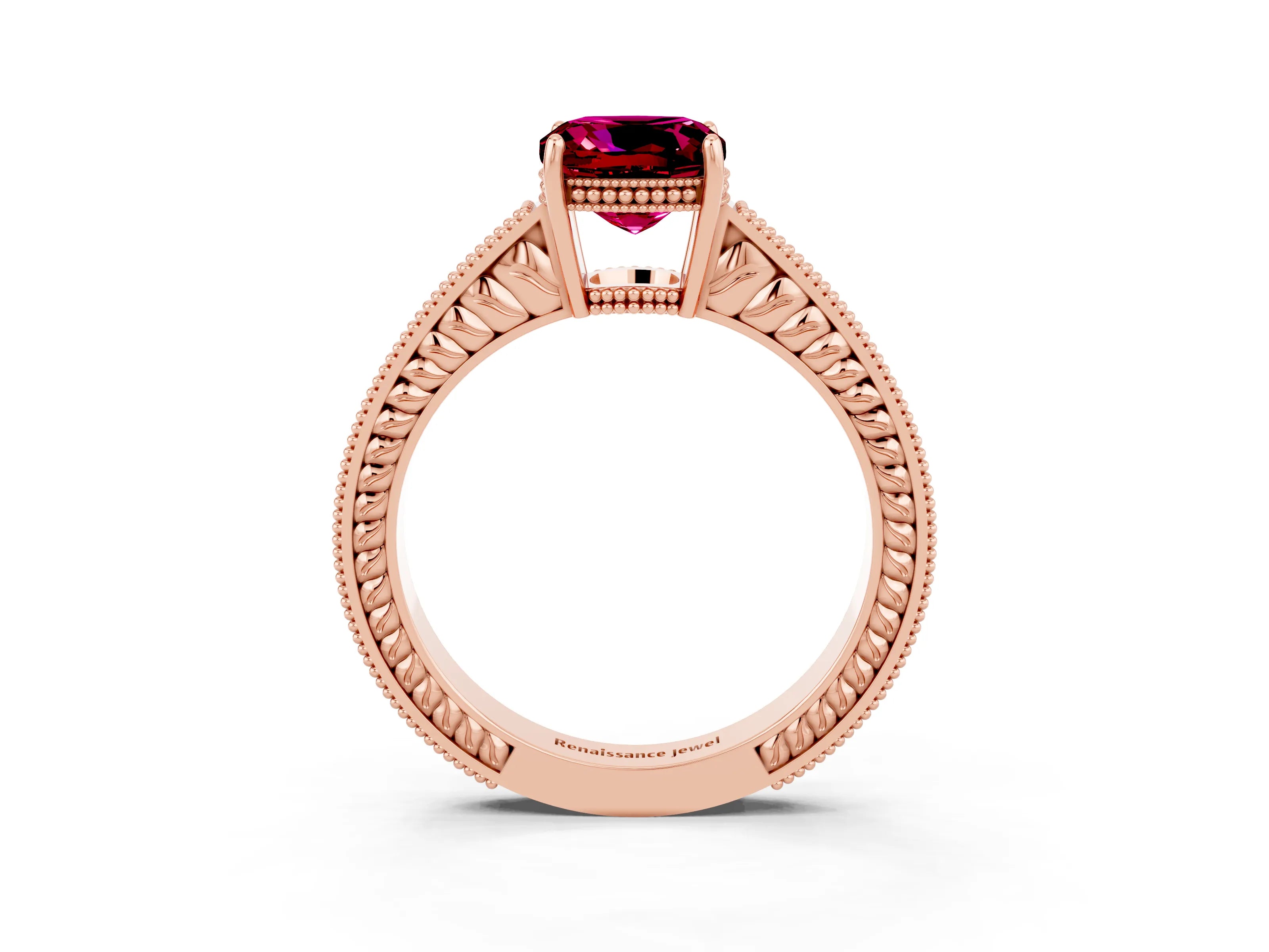 Rose gold Cushion Cut Garnet Ring with Milgrain Pavé Band and Four-Prong Setting_15